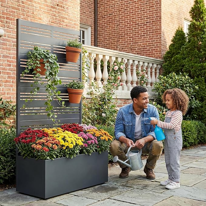 Casaphoria Metal Raised Garden Bed with Trellis, 59"x30"x12" Planter Box for Climbing Plants, Vegetables & Vines, Features Drainage Holes and Privacy Screen, Black-Harold