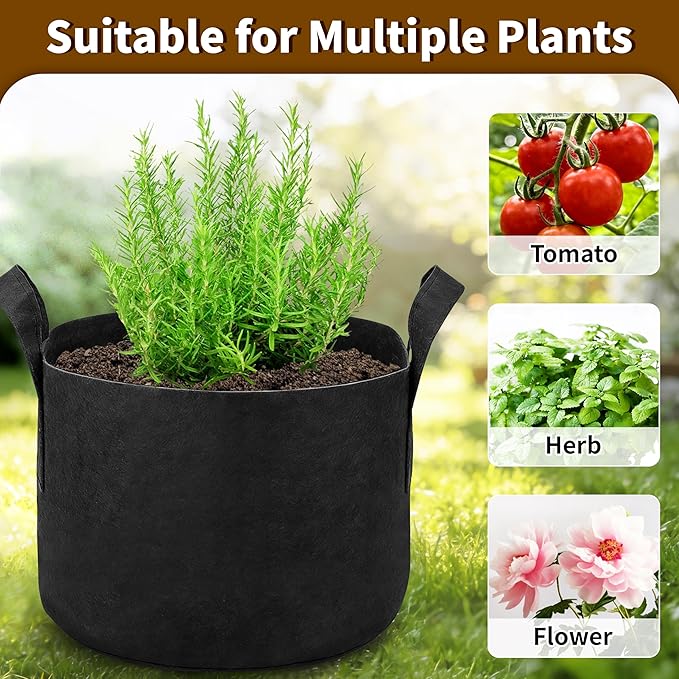 12 Pack 5 Gallon Grow Bags, Heavy Duty 300g Nonwoven Fabric Plant Pots with Reinforced Handles, Breathable Tomato Potato Vegetable Grow Bags for Garden & Patio - Black