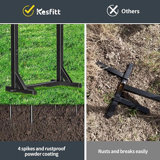 Kesfitt Garden Hose Holder Stand with 4 Spikes & 2 Tool Hooks, Detachable Heavy Duty Metal Freestanding Hose Reel Outdoor Organizer for Lawn Yard Water Storage Rack