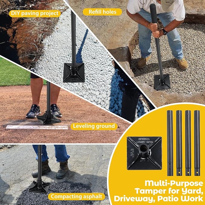 Tamper Tool: Heavy Duty 8"x 8" Steel Ground Tamper Tool for Garden Yard,58" Long Handle,Metal Hand Landscaping Tampers for Dirt,Soil,Concrete,Asphalt,Driveway Repairing,Pathway Ground Leveling