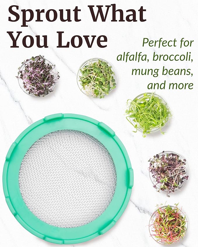 Elementi Sprouting Lids for Wide Mouth Mason Jars (Set of 2), Sprouting Jar Kit for Organic Sprouts, Alfalfa & Mung Bean Sprouts Grow Kit, 316 Stainless Steel Mesh Screen Strainer Lid (Mint)