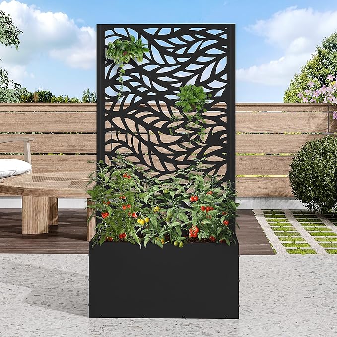 Casaphoria Metal Raised Garden Bed with Trellis, 47"x24"x12" Planter Box for Climbing Plants, Vegetables & Vines, Features Drainage Holes and Privacy Screen (Black-Spring)