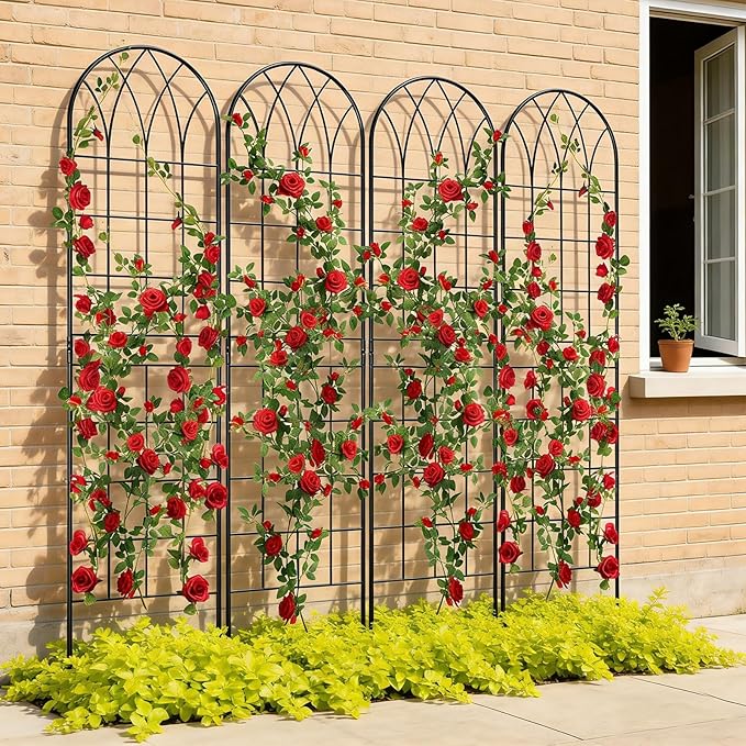 4 Pack Metal Garden Trellis for Climbing Plants, Black Metal Garden Trellis for Vines Plant Rose Vegetable Support,Large Decorative Outdoor Trellis