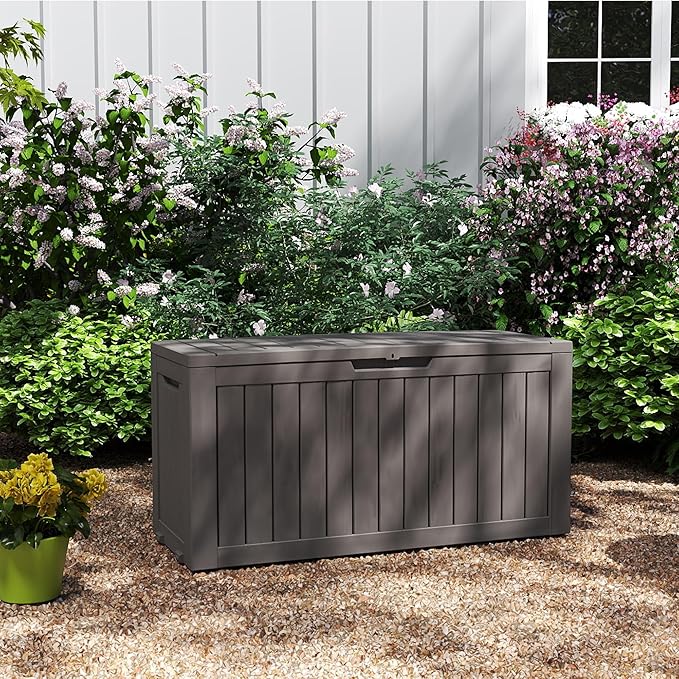 Outdoor Storage Box Waterproof with Wheels, 76 Gallon Lockable Resin Deck Box Patio Storage Bin for Pool Accessories Cushion Furniture, Garden Tools, UV-Resistant Outside Delivery Grey