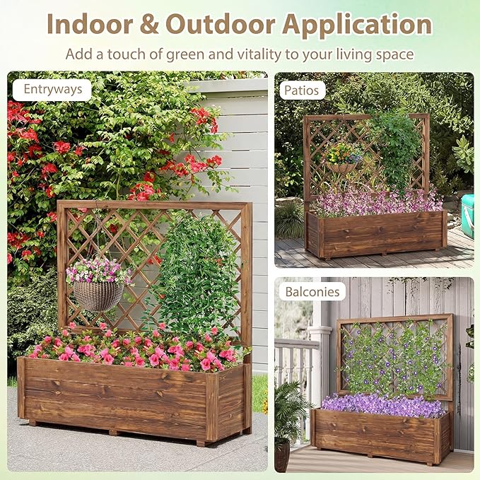 Giantex Raised Garden Bed with Trellis, 39”x14”x40” Wood Elevated Planter Box w/Drainage Hole for Climbing Vine Flower Herb Vegetable Fruit, Planting Container for Indoor Outdoor Patio Balcony
