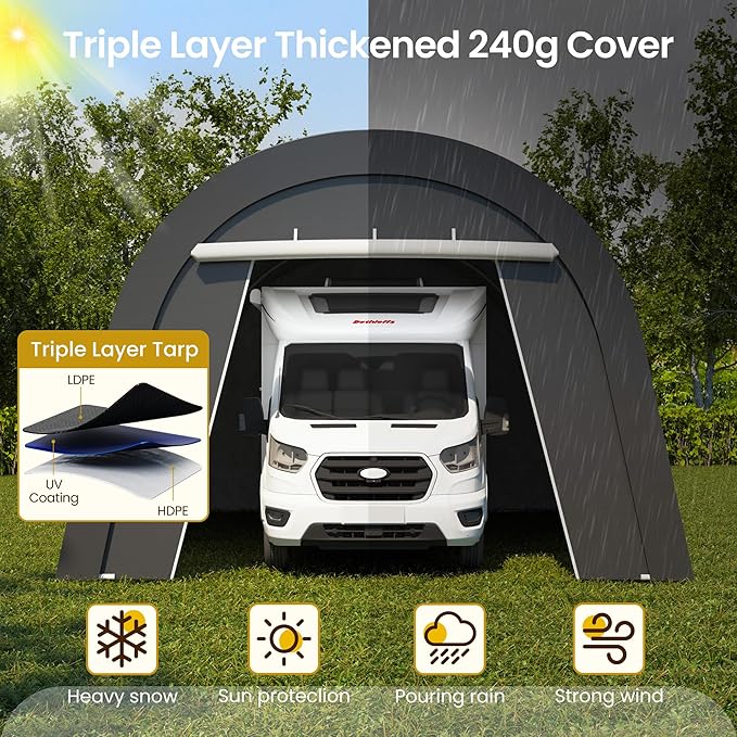 Kiss the Water Domed Carport with 4 Cloth Bags, Portable Garage with 2 Roll-up Doors, Heavy Duty Car Canopy Party Tent, All-Season Storage Shelter Shed for Boat, Truck, or Garden Tools, 12' x 25'
