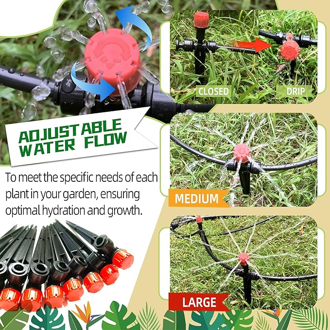 10PCS Push-to-Connect Drip Irrigation Emitters for 1/4 inch Irrigation Tubing, Two-Way Connection Adjustable Drip Emitter Sprayer with Stake, Irrigation Dripper Sprinklers for Drip Irrigation System