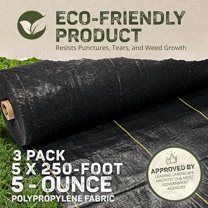 Dewitt 3-Pack Pro-5 Weed Barrier Fabric 5 oz, 5 x 250 Feet – Heavy-Duty Woven Landscape Ground Cover Mat for Raised Garden Bed, Greenhouse Gardening, Outdoor Landscaping, and Commercial Planting