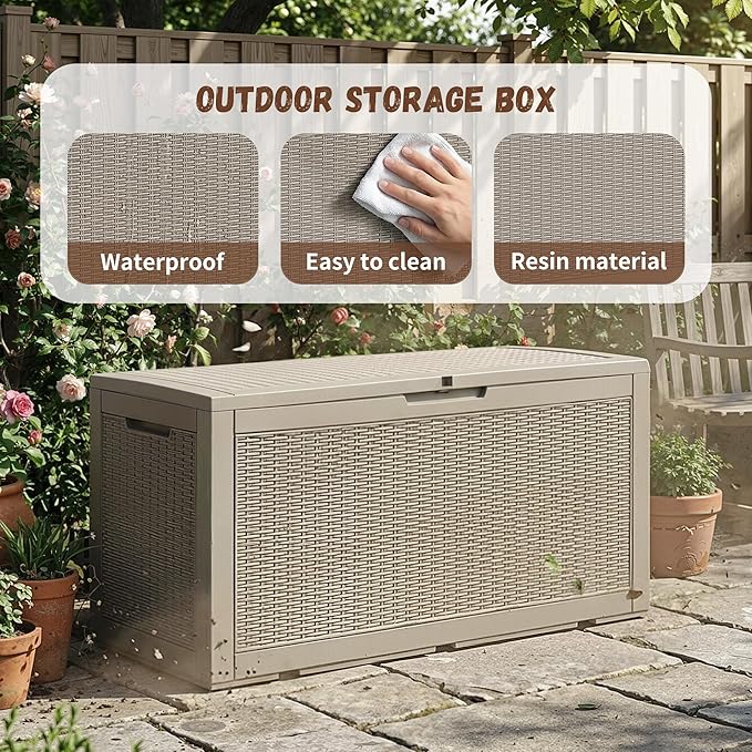 EFU Outdoor Storage Box 100 Gallon Deck Box Resin Outdoor Toy Storage With Lockable Lid, Hydraulic Struts, Rattan Style Package Delivery Boxes for Outside Patio Yard Garden (Light brown)