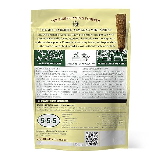 The Old Farmer's Almanac Houseplant & Flower Plant Food Mini Spikes - NPK 5-5-5 for Continuous Feeding and Vibrant Colors (12 Mini Spikes)