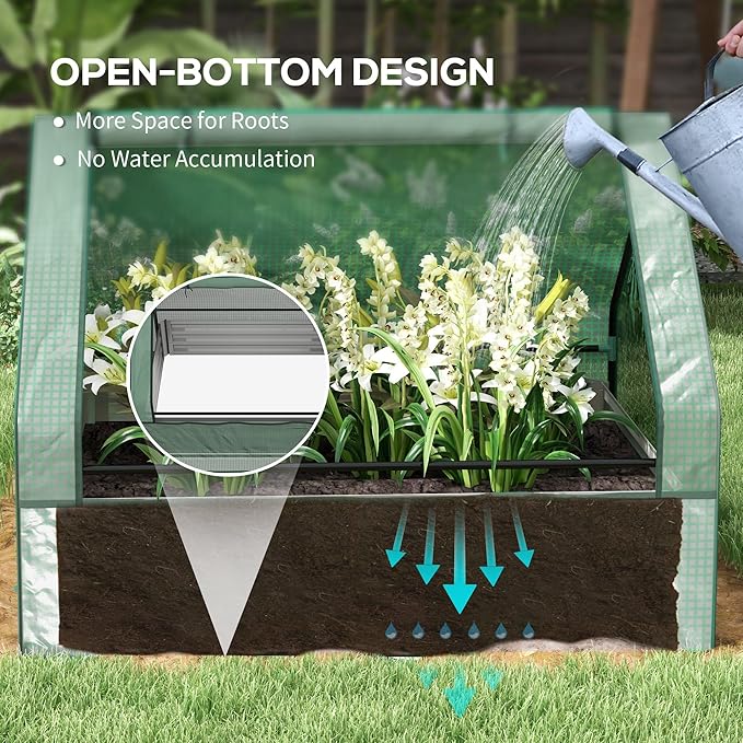 Outsunny 4 x 3 x 1ft Raised Garden Bed with Mini Greenhouse, Galvanized Outdoor Planter Box with Cover, for Herbs and Vegetables, Use for Patio, Garden, Balcony, Green Cover and Silver Planter