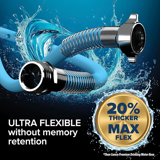 Camco EVOFlex 25-Ft RV Drinking Water Hose - Features Extra Flexible Design w/Stainless Steel Strain Relief Ends - Lead-Free, BPA-Free and Phthalate-Free - 5/8” Inside Diameter (22591)