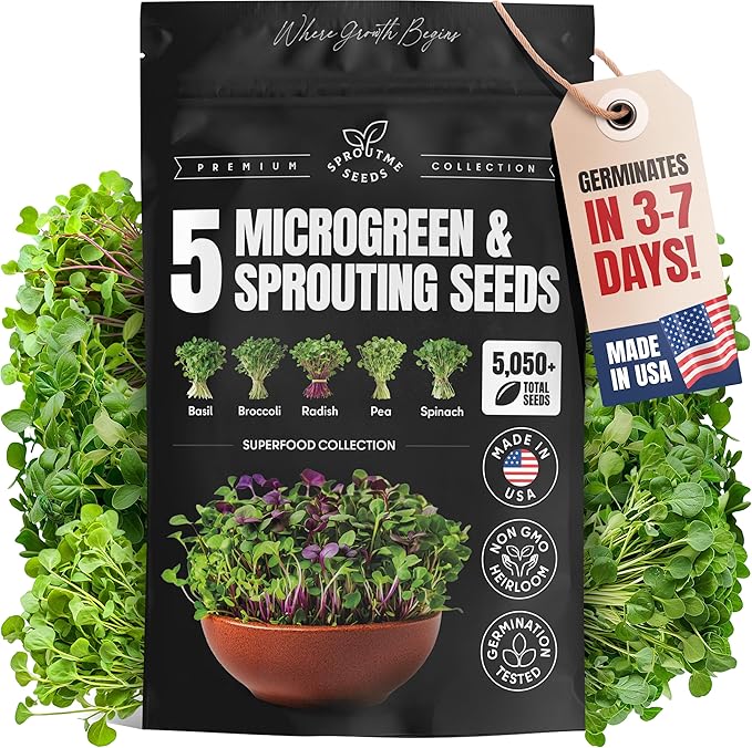 SproutMe Microgreens & Sprouting Seeds Variety Pack – 5 Varieties for Indoor Growing & Hydroponic Garden Use, Non-GMO Heirloom, 5,050+ Seeds for Planting Total – Basil, Broccoli, Radish, Pea & Spinach