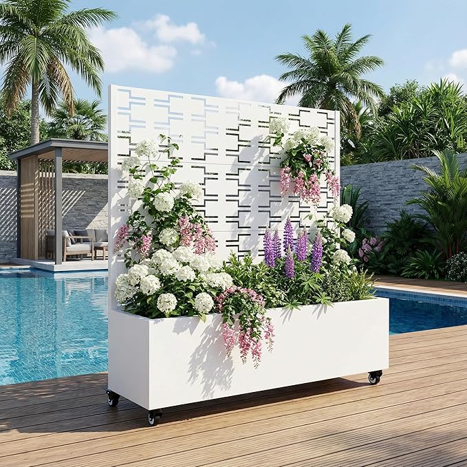 Casaphoria Metal Raised Garden Bed with Trellis and Wheels, 47"x47"x16" Planter Box for Climbing Plants, Vegetables & Vines, Features Drainage Holes and Privacy Screen, White-Brick