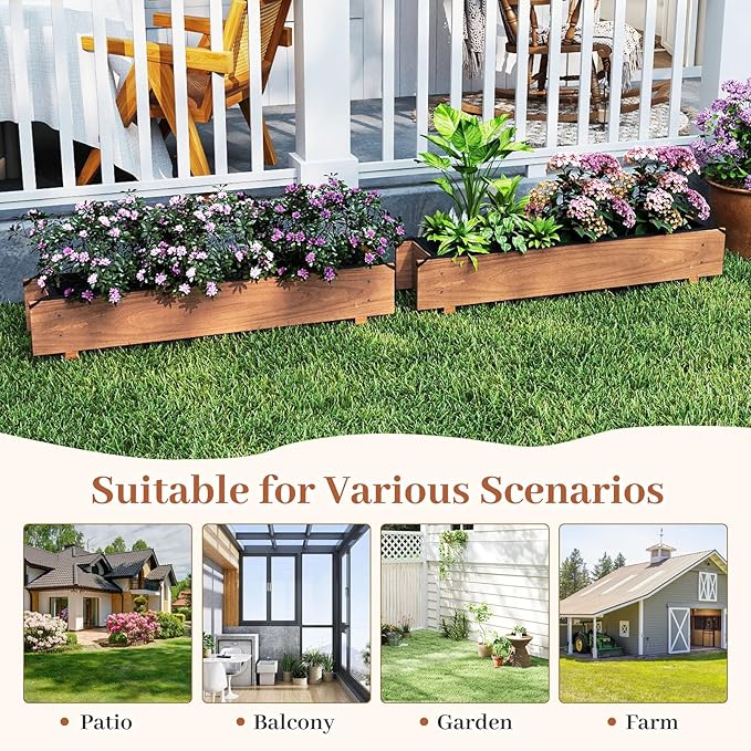 HAPPYGRILL Raised Garden Bed, Wood Flower Planter Box w/4 Drainage Holes, Black Liner for Containing Soil, Indoor Outdoor Wooden Plant Container for Backyard, Patio, Balcony (2,36" x 7" x 6.5")