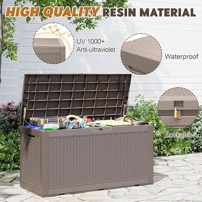 Oudoor Storage Deck Boxes Waterproof, Waterproof and UV Resistant Outdoor Storage Box Lockable Lid for Delivery Box, Indoor, Garden Tools, Pool Supplies, Patio (Grey, 100 Gallon)
