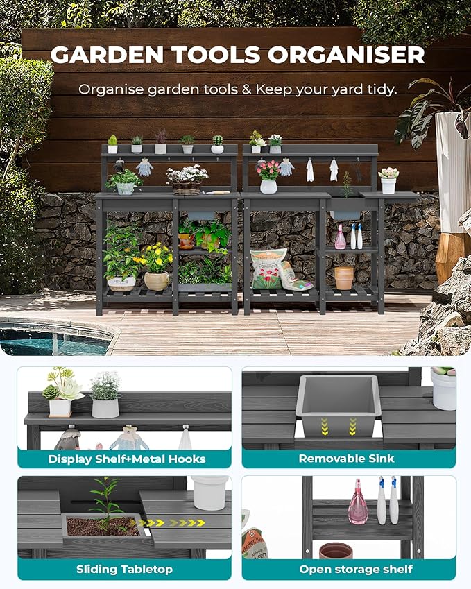 SERWALL Outdoor Potting Bench with Removeable Sink,Rot-Resistant HDPE Potting Table for Outside Gardening, All Weather Use - Gray