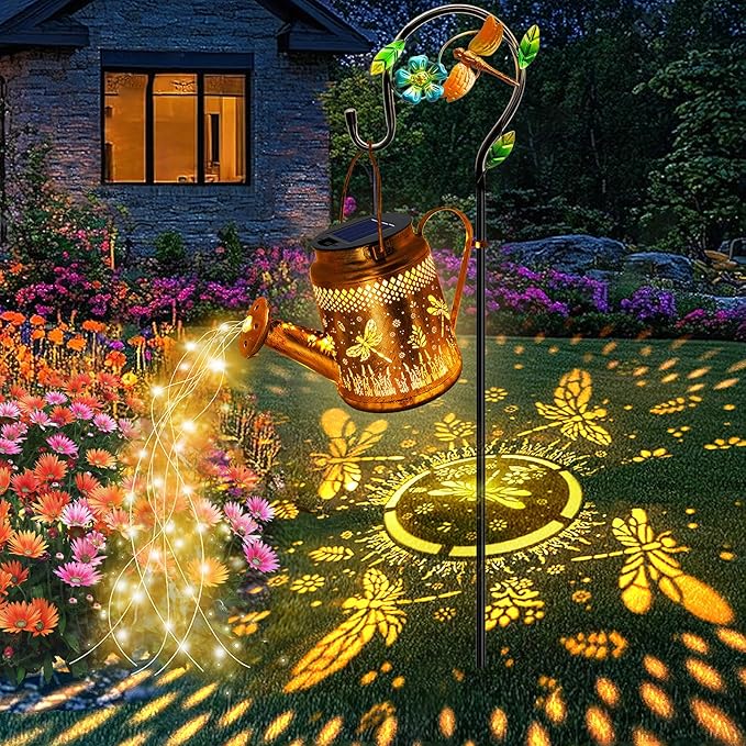 YJFWAL Solar Dragonfly Watering Can Lights for Mom, Grandma, Wife, Daughter & Every Woman, Outdoor Garden Decor with Shepherd Hook, Hanging Lights for Patio, Yard, Porch, Backyard