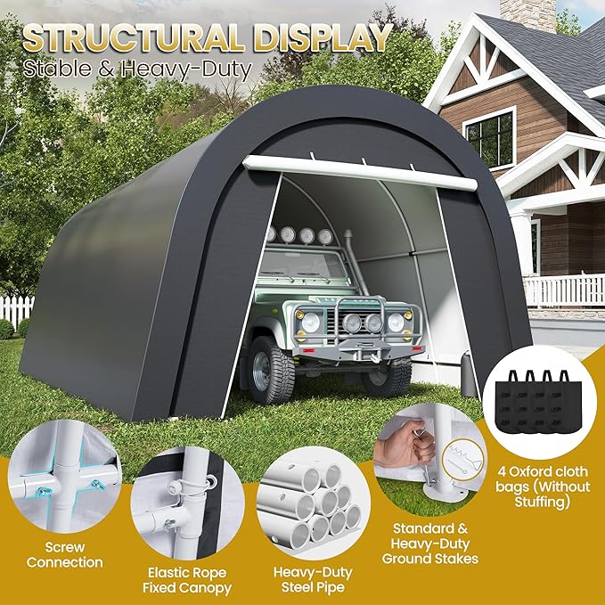 Heavy Duty Carport with 4 Cloth Bags, All-Weather Car Canopy with 2 Roll-up Doors, Portable Garage Storage Shelter Shed for Cars, Truck, or Garden Tools, 13' x 20'