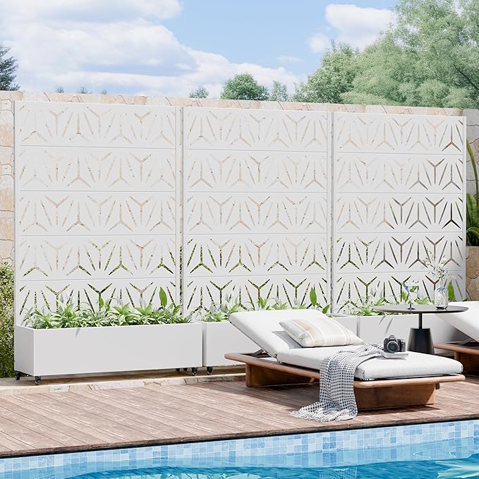 Casaphoria Metal Raised Garden Bed with Trellis and Wheels, 72"x47"x16" Arched Planter Box for Climbing Plants, Vegetables & Vines, Features Drainage Holes and Privacy Screen, White-Star