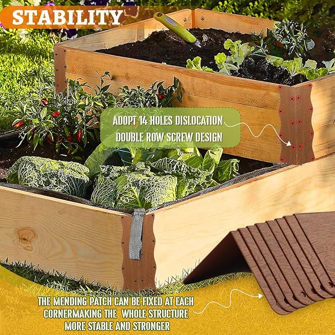 8 Pcs Raised Garden Bed Corner Brackets Heavy Duty Metal Raised Bed Corners and Connectors for Wood(11"x3"x3"), Brown L-Shape Wavy Connectors with Screws, fits for 20"-24" Raised Beds
