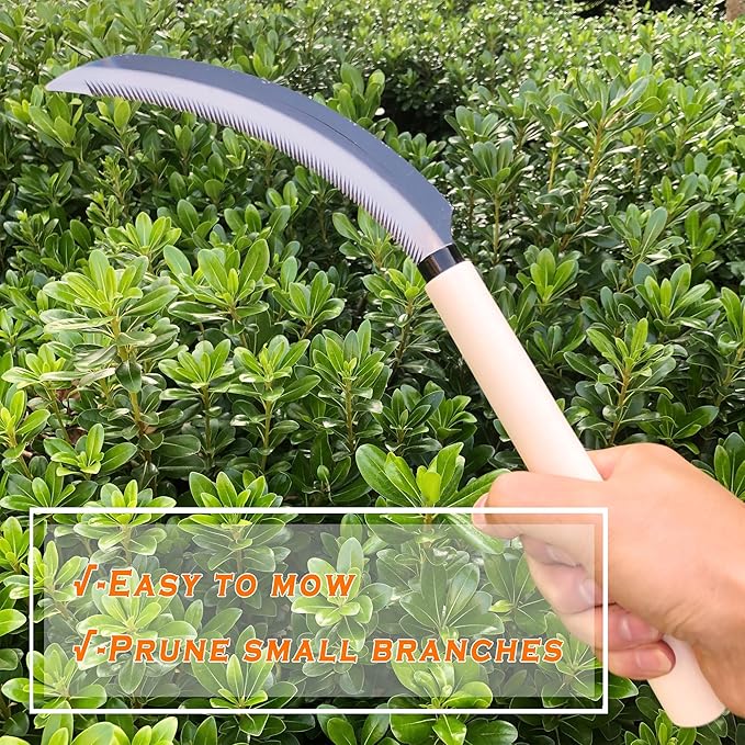 Grass Sickle with Sawtooth Japanese Weeding Hoe Garden Hand Tool Weeding Tools for Garden High-Strength Steel with Solid Wood Handle (White)