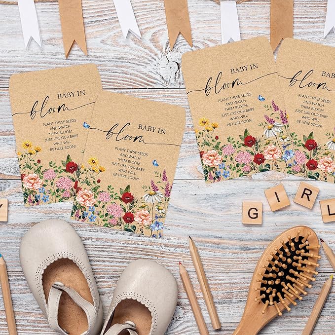 JarThenaAMCS 100Pcs Baby Shower Seed Packets Spring Wildflower Self Adhesive Kraft Envelopes with Thank You Tags Baby in Bloom Seed Storage Pockets for Garden Party Favors Supplies