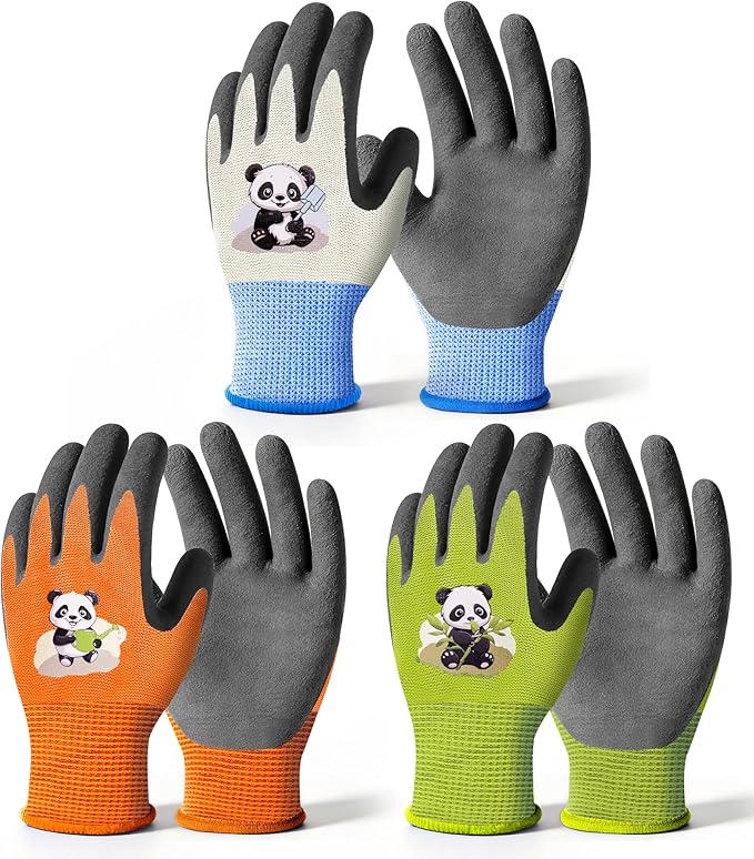 Mr. Panda 3 Pairs Skin-Friendly kids gardening gloves for Age 5-7, Rubber Coated childrens garden gloves, toddler work gloves, XXS