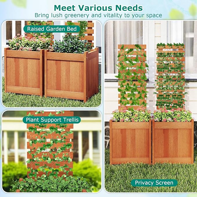 Giantex Wood Raised Garden Bed with Trellis, Outdoor Planter Box w/Open-Ended Base for Climbing Plants, 18'' Planting Depth Freestanding Privacy Planters Trellis Planter for Patio, Backyard