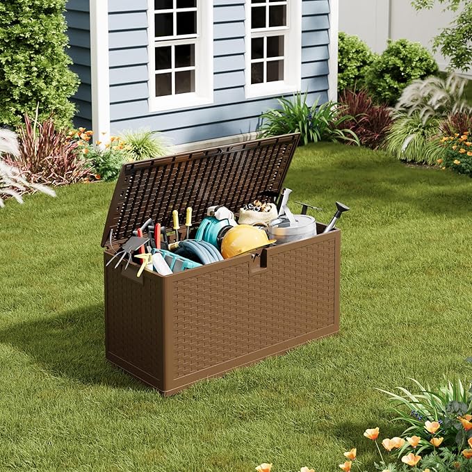 GarveeLife 73 Gallon Resin Deck Box, Weatherproof and UV Resistant Outdoor Storage Box, Lockable Outdoor Storage Bin for Patio Cushions, Garden Tools, Pool Supplies, Package Delivery, Brown