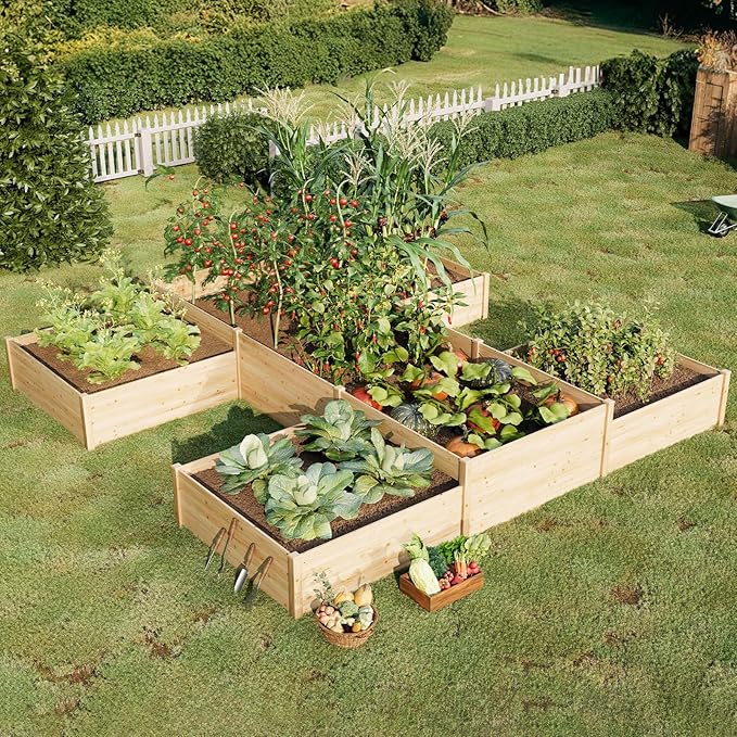SPECRAFT H-Shaped Raised Garden Bed, 12x12x2 ft, Double-Layer Wooden Planter Box for Outdoor Patio Garden，180 cu. ft Capacity