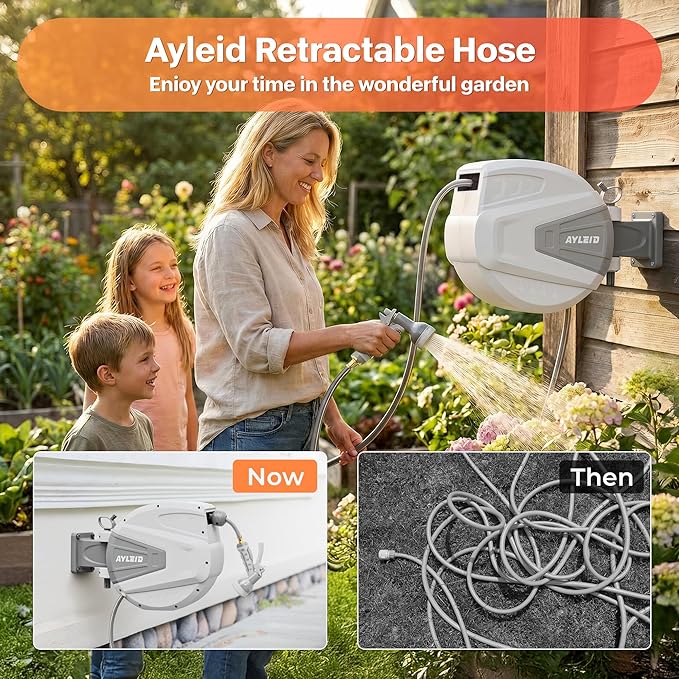 Ayleid Retractable Garden Hose Reel,1/2 in x 100 ft Wall Mounted Hose Reel, with 9- Function Sprayer Nozzle, Any Length Lock/Slow Return System/Wall Mounted/180°Swivel Bracket (Gray)