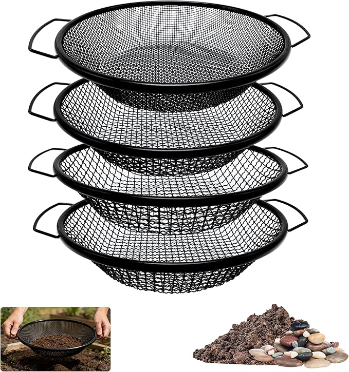 4Pcs Soil Sifter for Gardening, 3,6,8,10mm Grid Rock Sifter for 5 Gallon Bucket, Dirt Sifter, Compost Sifter for Capturing Dirt, Sand, Rocks, and Filtering Compost (Black)