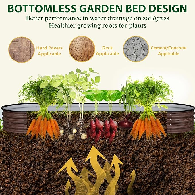 BlueWish 8x2x1FT Raised Garden Bed, 11.1” H Galvanized Raised Garden Bed with Bottomless, Rubber Strip, 9-in-1 Modular, Raised Planter Box Outdoor for Vegetable, Flower, Rustic Brown
