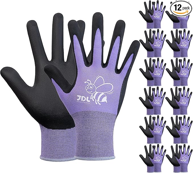 JDL 12 Pairs Nylon Nitrile Coated Gardening Gloves for Women, Touchscreen Yard Garden Gloves, Breathable Safety Work Gloves with Grip, Purple, Medium