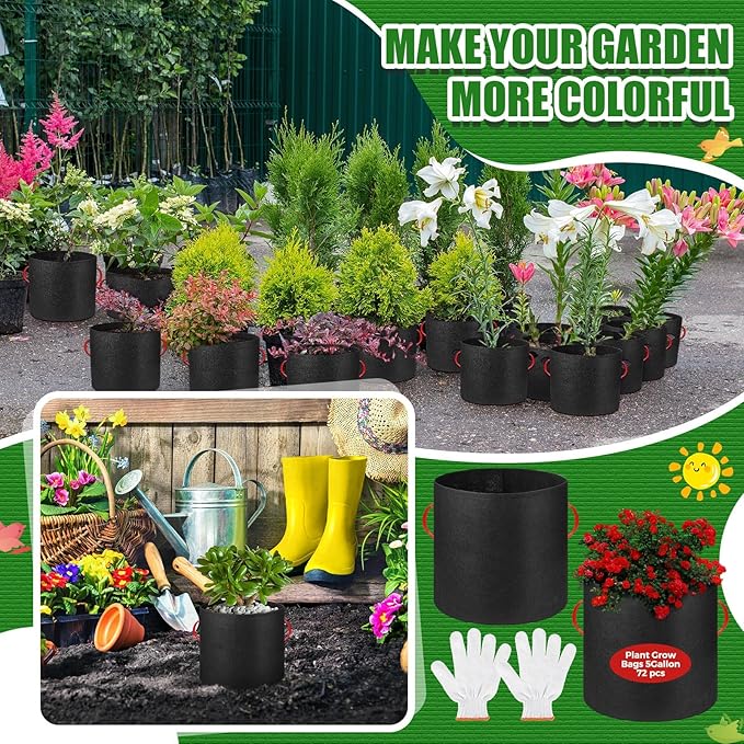 72 Pack 5 Gallon Plant Grow Bags Fabric Pots Bulk Aeration Heavy Duty Nonwoven Fabric Plant Pots with Handles Thick Vegetable Grow Nursery Buckets for Gardening Plants Flowers Fruits Vegetables Potato