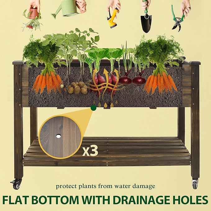 VEIKOU 48x24x33in Cedar Raised Garden Bed, Planter Raised Beds with Lockable Wheels, Storage Shelf, Raised Garden Beds Outdoor for Backyard, Patio, Balcony, Rustic