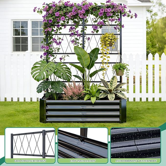 Galvanized Raised Garden Bed with Trellis for Climbing Plants Outdoor,Metal Vertical Garden Planter Box with Trellis,Heavy Duty Elevated Garden Bed for Vegetables Tomatoes Cucumbers Flowers Herb,Black