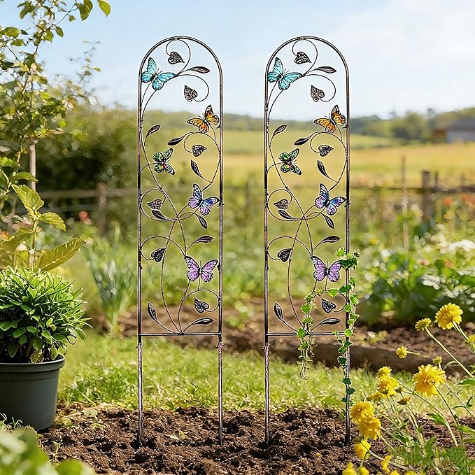 4 Pack Metal Garden Trellis with Colorful Butterfly, Outdoor Decoration Arched Fence Trellis for Climbing Plants for Patio, Backyard, Lawn, Wall Brackets