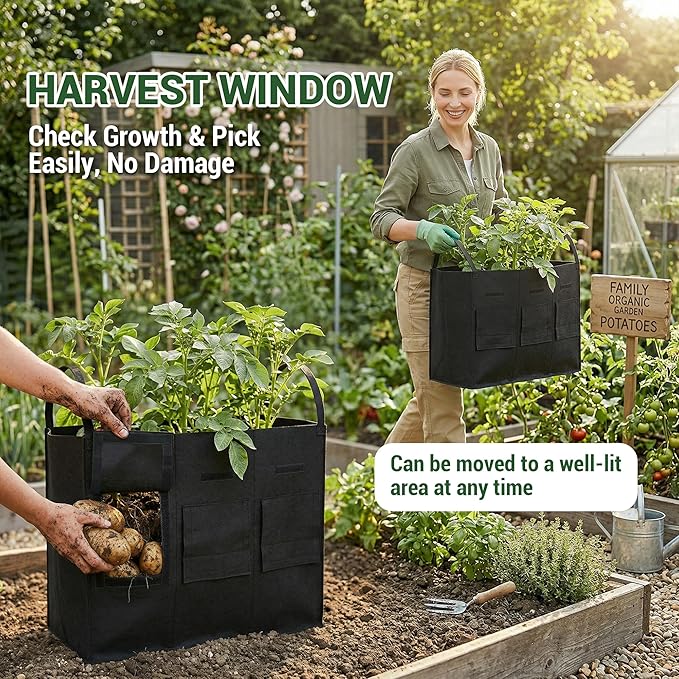 16 Gallon 2 Pack Potato Grow Bags with Harvest Window & Handles, 3-Compartment Nonwoven Fabric Planters Grow Bags for Potatoes, Potato Planter for Growing Tomato, Vegetables, Flower