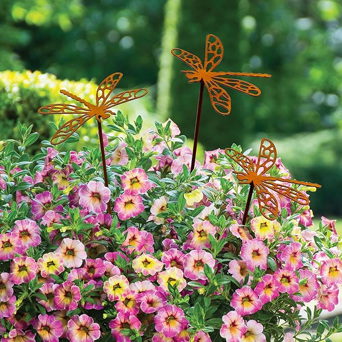 3 Pcs Rusty Dragonfly Stake Vintage Metal Garden Decor Sculpture - Plant Pot Accents for Lawn, Patio, Backyard Outdoor | Dragonfly Gift for Women