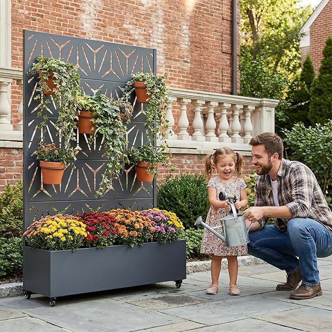 Casaphoria Metal Raised Garden Bed with Trellis and Wheels, 72"x47"x16" Arched Planter Box for Climbing Plants, Vegetables & Vines, Features Drainage Holes and Privacy Screen, Grey-Star