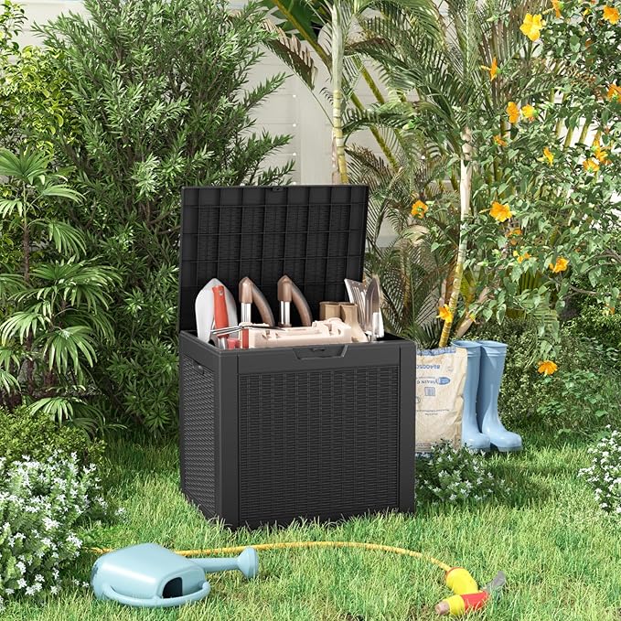 31 Gallon Wicker Pattern Resin Deck Box, Lockable Patio Outdoor Storage Box for Furniture, Garden Tools and Tools Storage, Waterproof Outside Storage Box (Black)