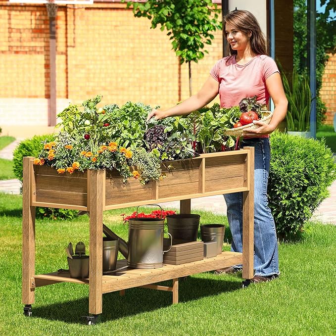 DWVO 47x18x31in Raised Garden Bed Outdoor HDPE with Legs and Lockable Wheels, Weather-Resistant Poly-Wood Elevated Planter Box, Herb Garden Bed for Backyard Patio Balcony, Brown