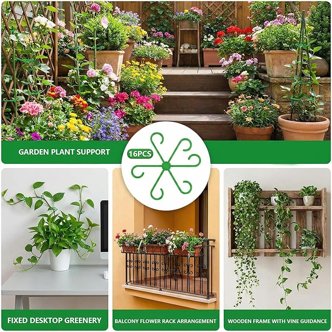 Opasyo 16PCS Plant Stem Support for Indoor Plants, Climbing Houseplant Stem Supports, 4 Sizes Reusable Clips for Monstera, Orchid & Pothos, Climbing Stem Holders (Green)