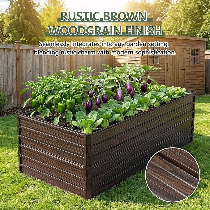 Galvanized Raised Garden Beds 6x3x2FT Outdoor Planter Boxes with Safety Edging and Gloves Metal Garden Bed Kit for Vegetables Flower and Fruits (Brown Wood Grain