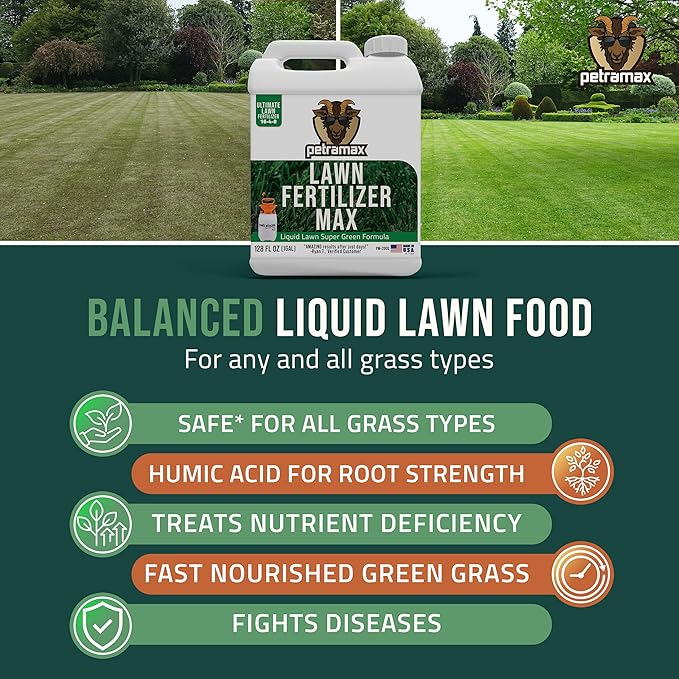 PetraMax Liquid Lawn Fertilizer for Lawns Concentrate - Liquid Fertilizer for Lawns, Food for Grass - 16-4-8 High Nitrogen Lush Green Grass, Phosphorus for Strong Roots - Apply Spring & Summer (1 G)