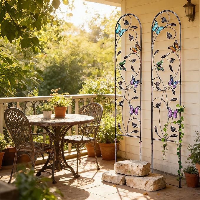 4 Pack Metal Garden Trellis with Colorful Butterfly, Outdoor Decoration Arched Fence Trellis for Climbing Plants for Patio, Backyard, Lawn, Wall Brackets