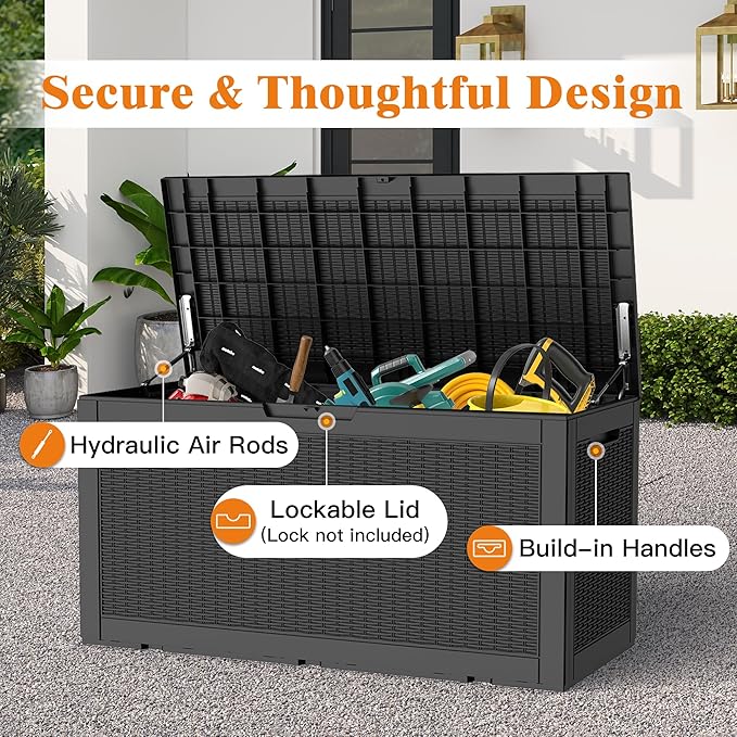 110 Gallon Outdoor Storage Box, Waterproof Large Deck Box for Backyard Garden Tools with Hydraulic Hinges, UV-Resistant Lockable Patio Storage Box for Cushions, Package Delivery Box
