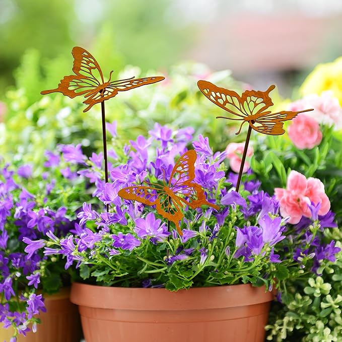 3 Pcs Rusty Metal Butterfly Garden Stakes - Rustic Outdoor Decor for Plant Pot, Lawns, Patio & Outdoor | Vintage Decorative Butterfly Garden Stakes for Patio Yard Porch Backyard Outdoor Décor